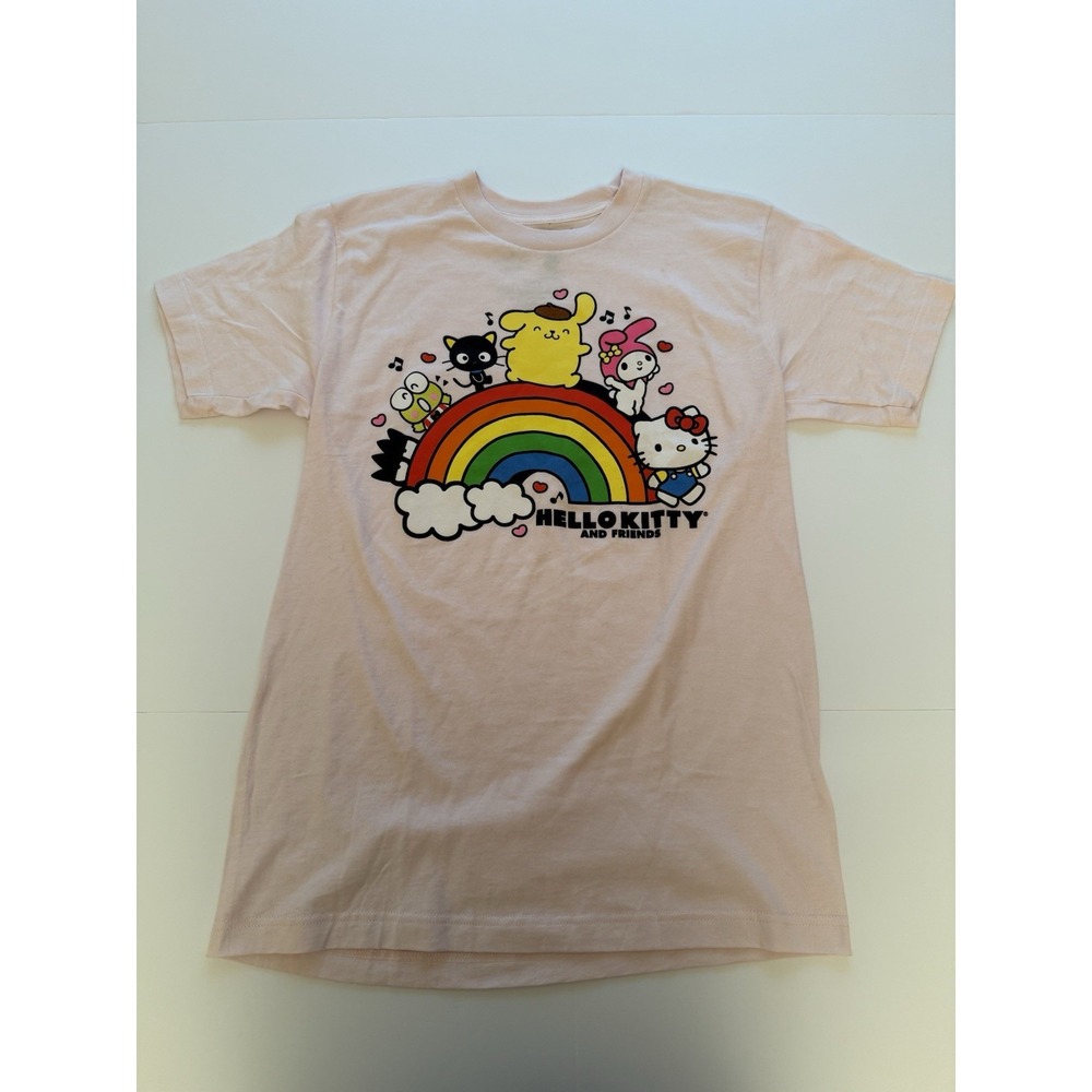 Hello Kitty & Friends Men Medium T-Shirt Pink Rainbow Graphic Cotton Tee Top NEW